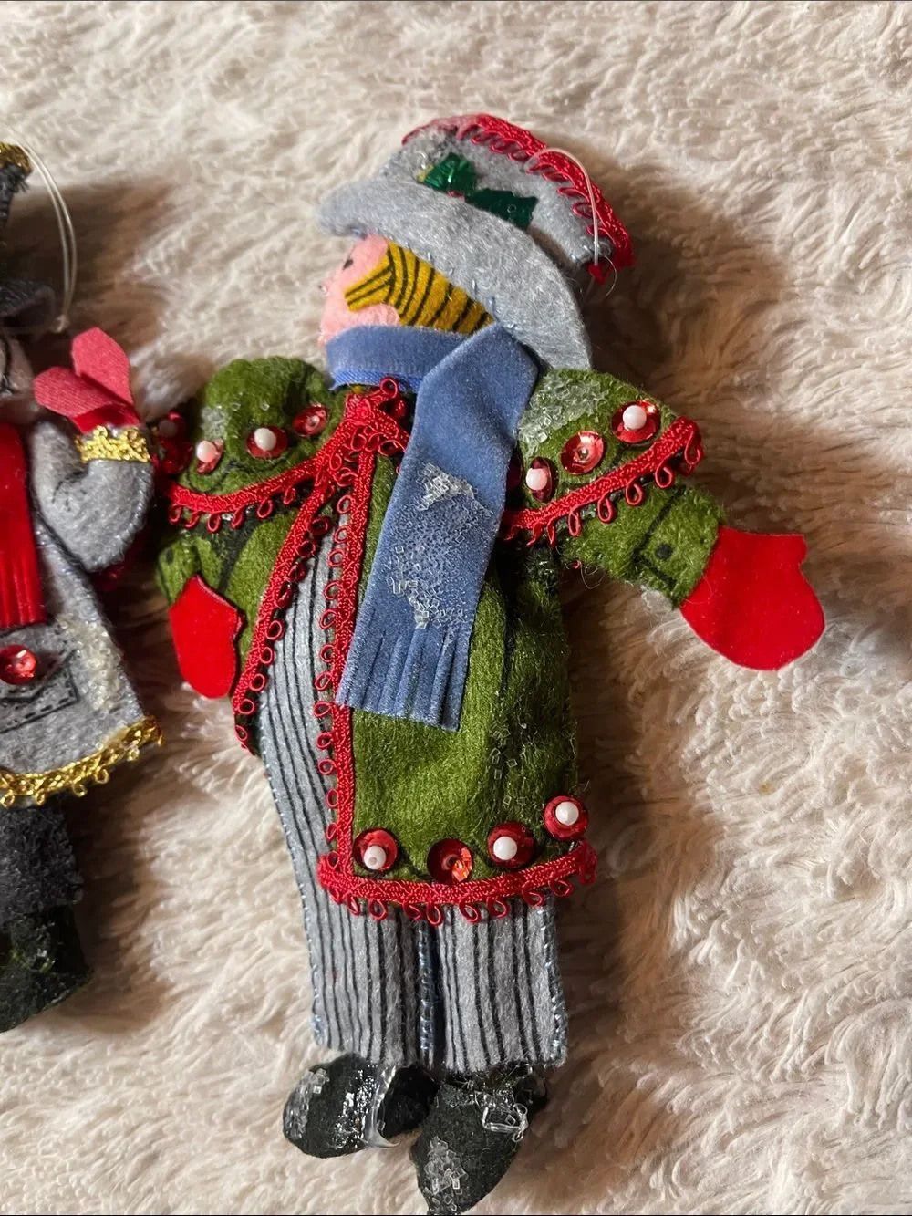 Vintage  Felt Holiday Carolers ornaments Trio in Red, Green, Yellow